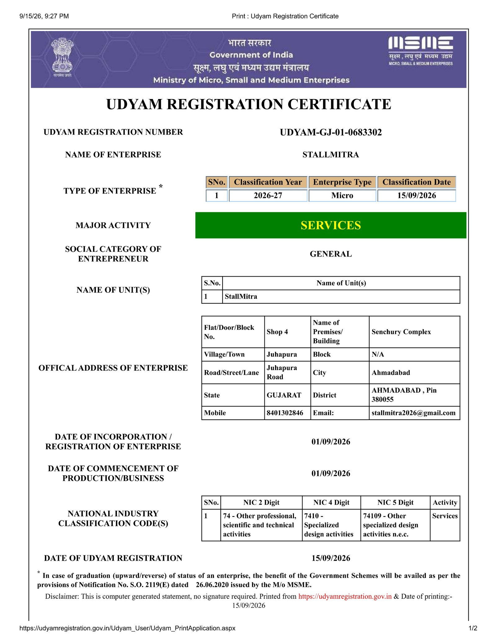StallMitra MSME Udyam Registration Certificate